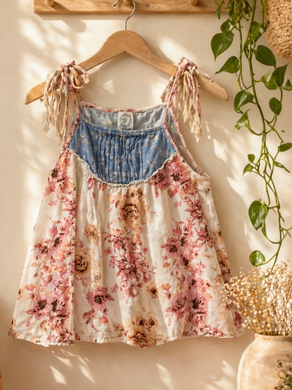 Blue Rain Floral Tie-Shoulder Tank Top in Pink and Blue w tassel detail Size L